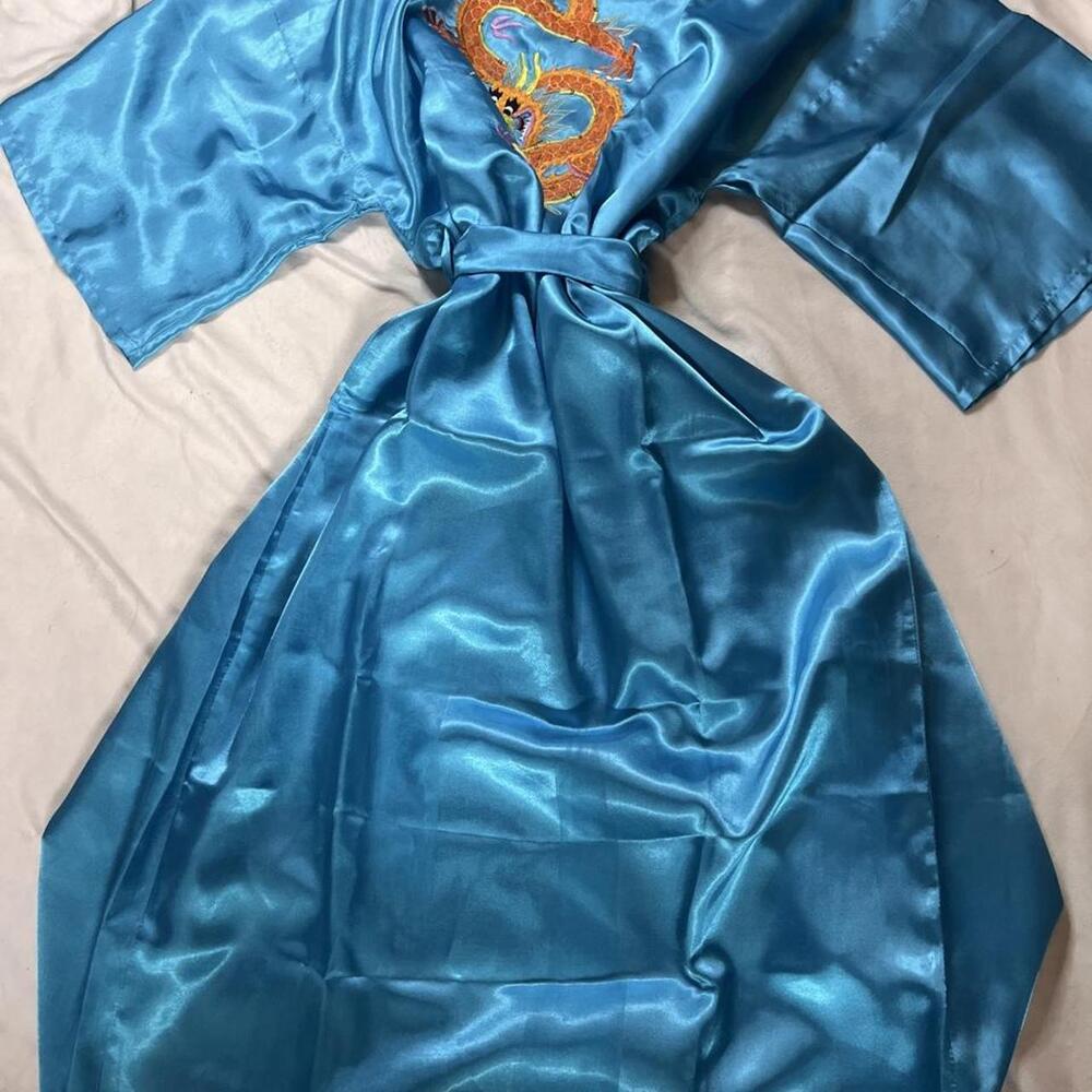 Vintage Turquoise Satin Dragon Embroidered Kimono Robe Size XL Like New